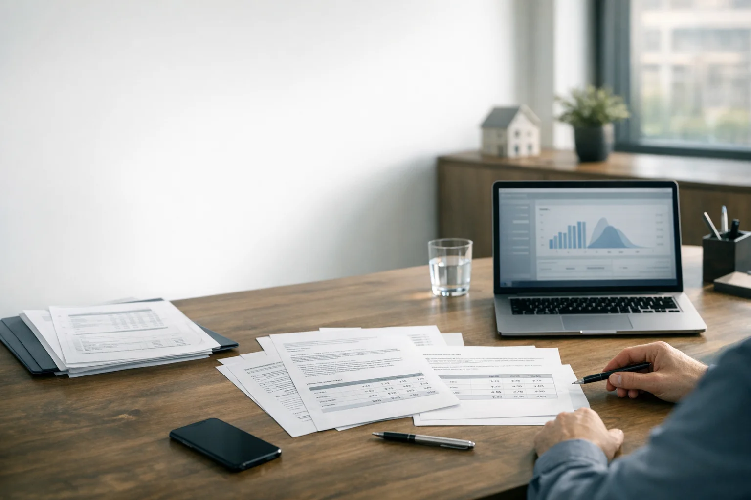 Business valuation materials with financial documents and analytical notes on a desk