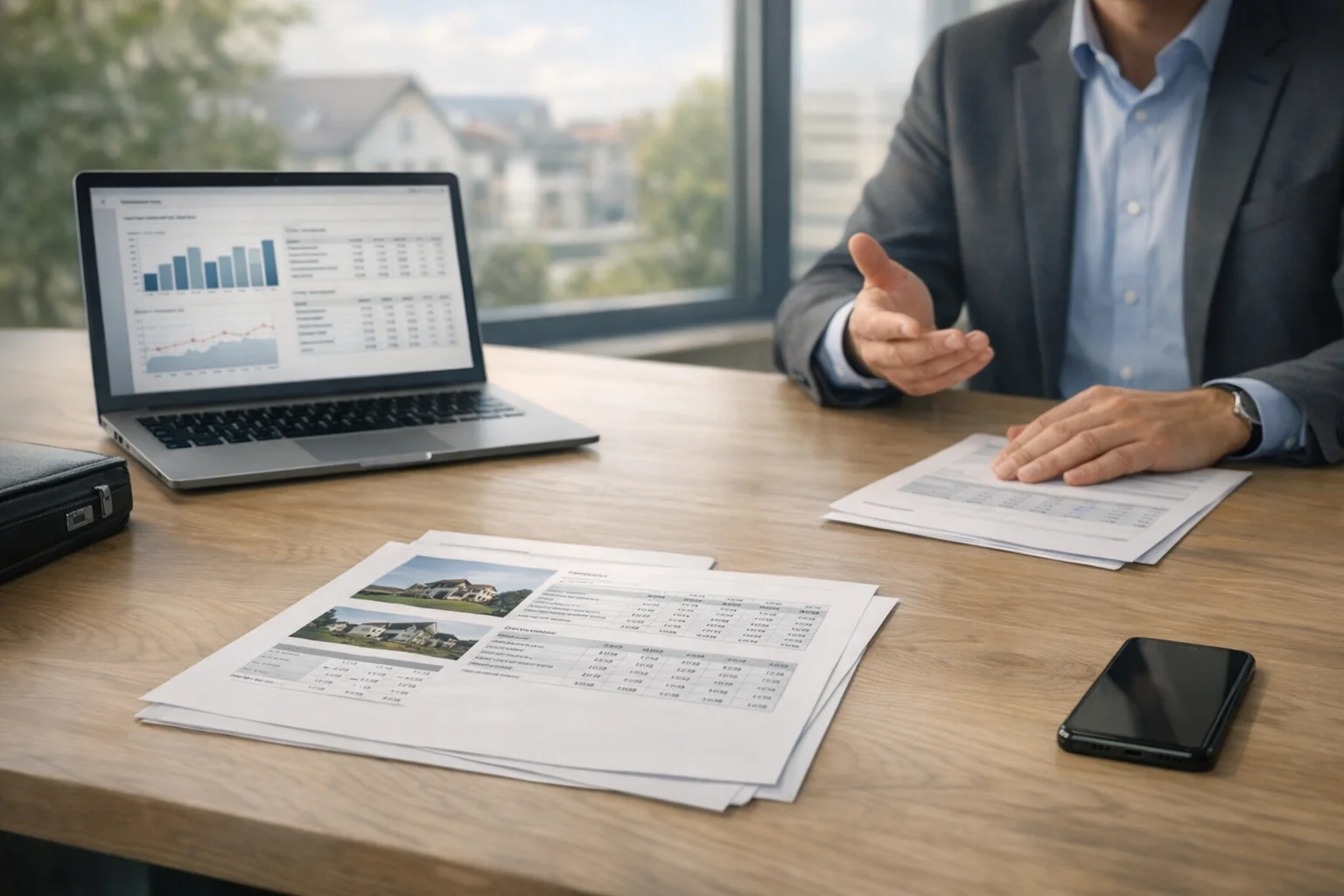 Calm professional first-contact setting with structured valuation documents