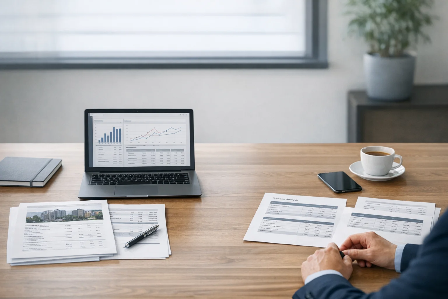 Analytische Bewertungsarbeit mit Berichten und Unterlagen in ruhiger Arbeitsumgebung