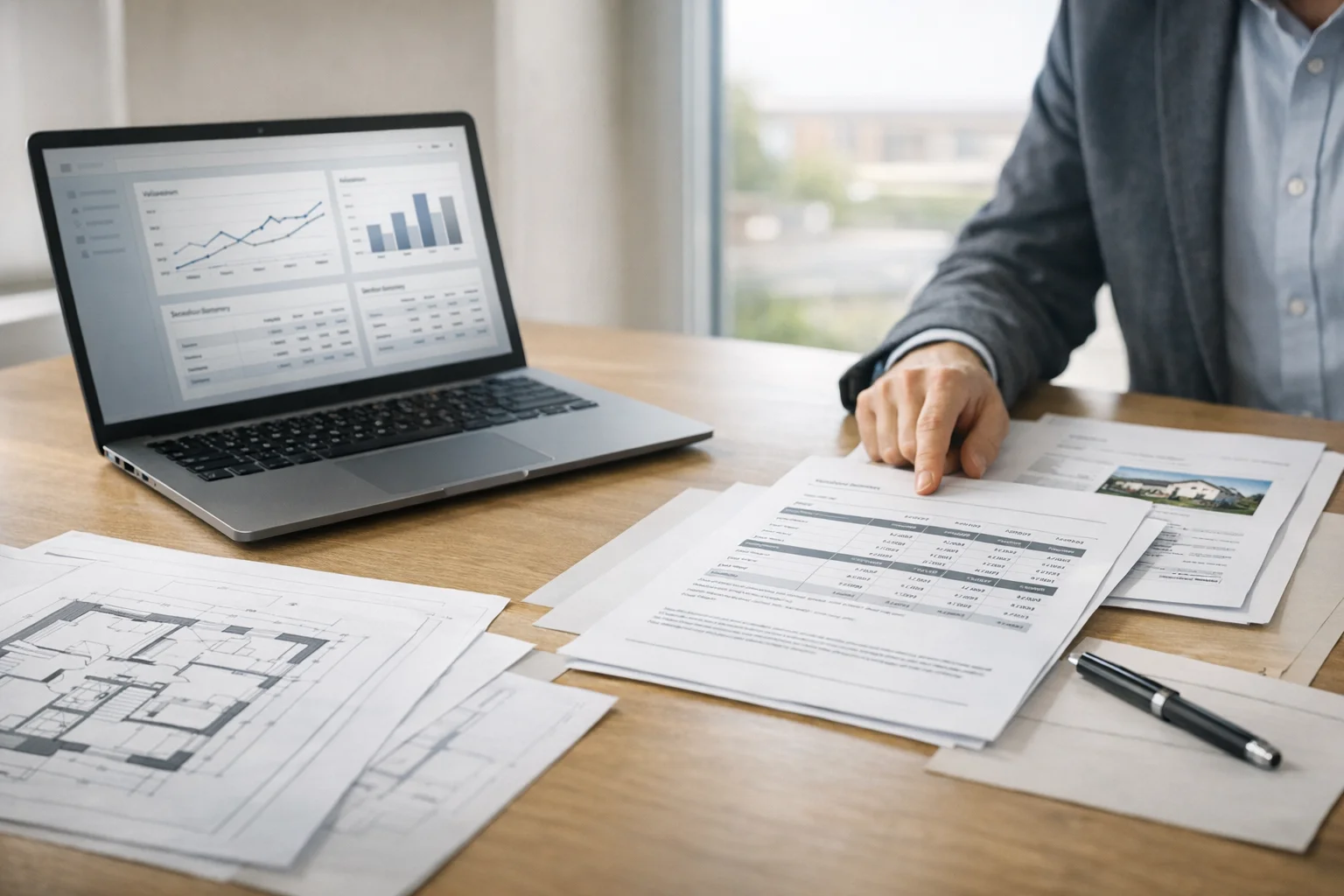 Real estate valuation documents and plans in a calm professional workspace