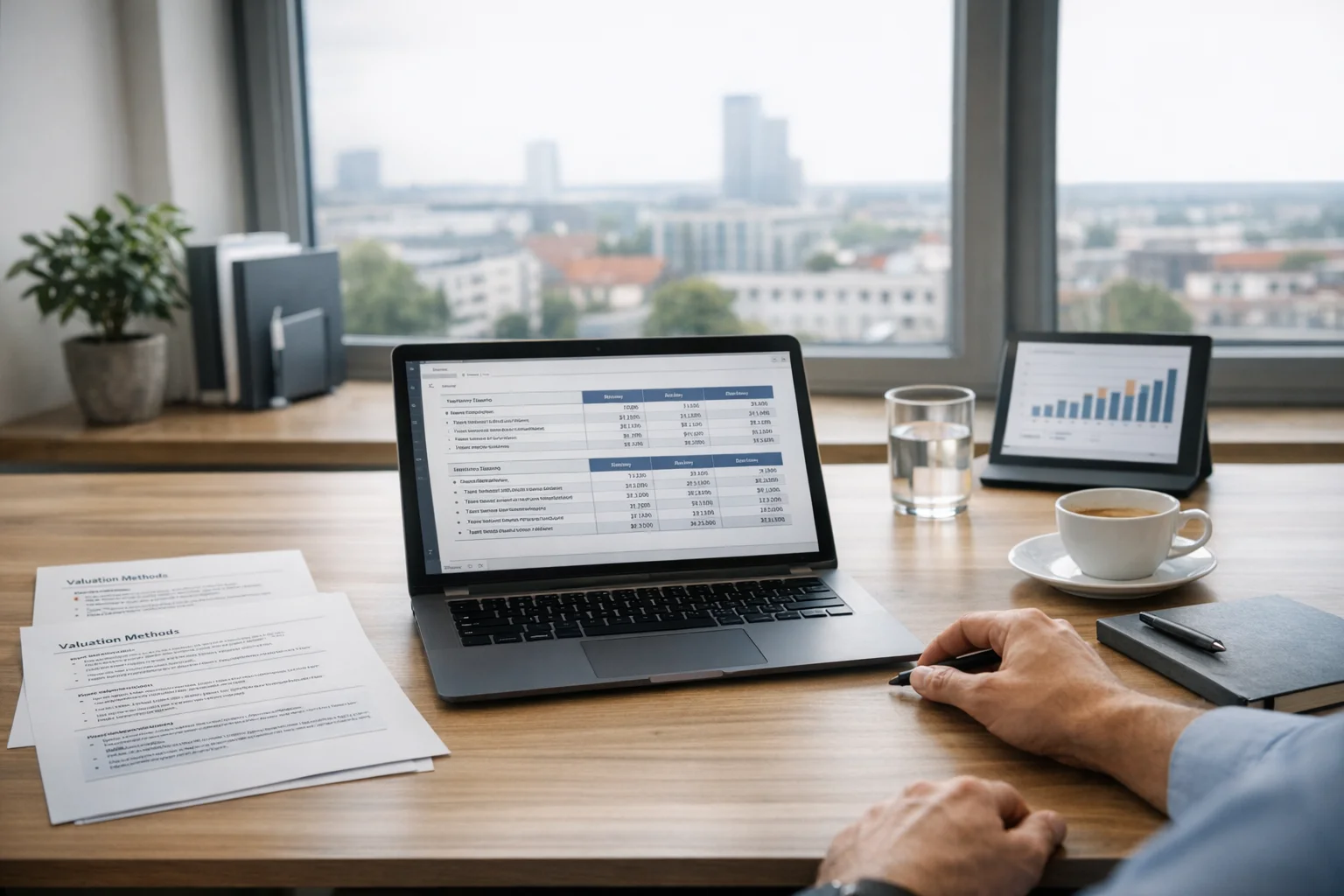 Structured valuation-method materials on a modern professional desk