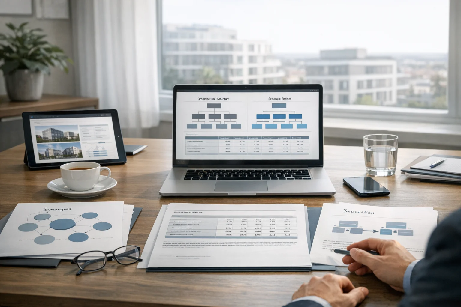 Merger and demerger planning context with structure mapping and valuation assumptions